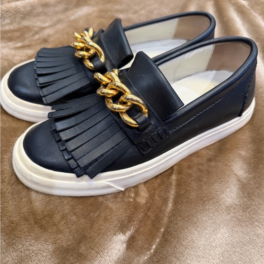 Giuseppe Zanotti Black Loafers with Gold Chain Accent